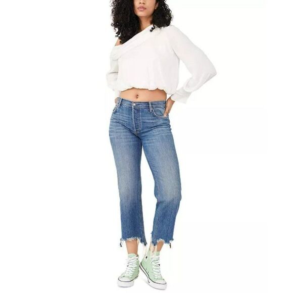 Free People We The Free 25 Women’s Maggie Mid-Rise Straight-Leg Jeans Fray Hem - Picture 1 of 10